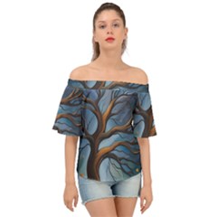 Tree Branches Mystical Moon Expressionist Oil Painting Acrylic Painting Abstract Nature Moonlight Ni Off Shoulder Short Sleeve Top by Maspions
