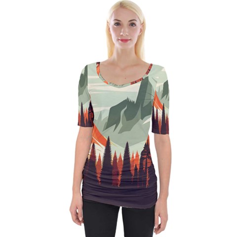 Mountain Travel Canyon Nature Tree Wood Wide Neckline T-shirt by Maspions