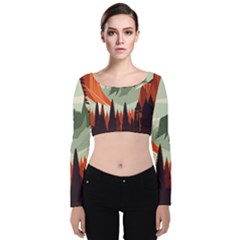 Mountain Travel Canyon Nature Tree Wood Velvet Long Sleeve Crop Top by Maspions