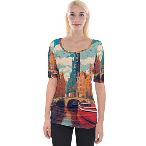 London England Bridge Europe Buildings Architecture Vintage Retro Town City Wide Neckline T-shirt by Maspions