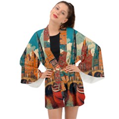 London England Bridge Europe Buildings Architecture Vintage Retro Town City Long Sleeve Kimono by Maspions