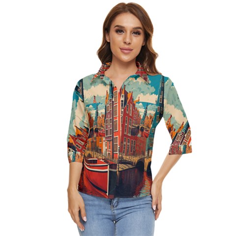 London England Bridge Europe Buildings Architecture Vintage Retro Town City Women s Quarter Sleeve Pocket Shirt by Maspions