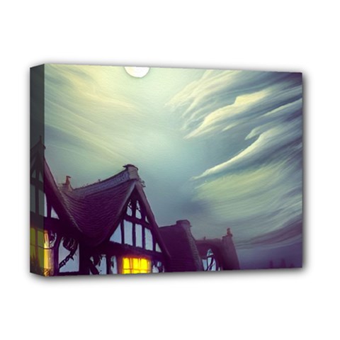 Village Moon Cloudy Historical Tudor Architecture Houses Town Night Windows City Deluxe Canvas 16  X 12  (stretched)  by Posterlux