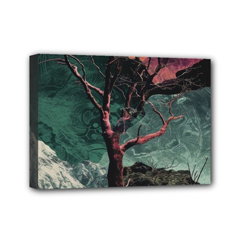Night Sky Nature Tree Night Landscape Forest Galaxy Fantasy Dark Sky Planet Mini Canvas 7  X 5  (stretched) by Posterlux
