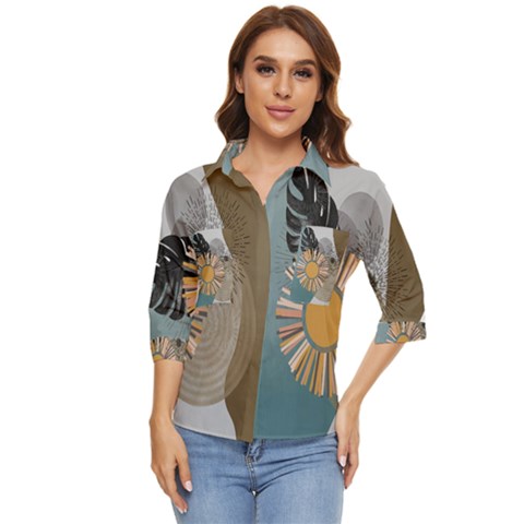 Boho Background Leaves Botanical Ornamental Pattern Seamless Decorative Design Wallpaper Nature Draw Women s Quarter Sleeve Pocket Shirt by Maspions