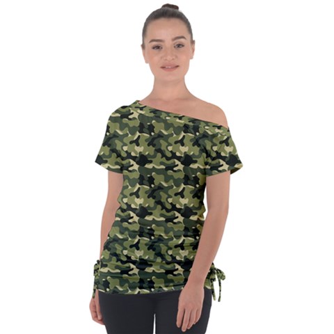 Camouflage Pattern Off Shoulder Tie-up T-shirt by goljakoff