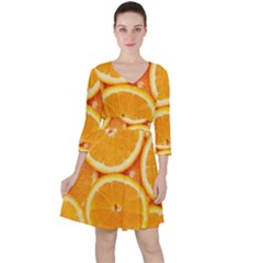 Oranges Textures, Close-up, Tropical Fruits, Citrus Fruits, Fruits Quarter Sleeve Ruffle Waist Dress by nateshop
