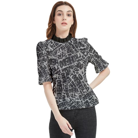 Rebel Life: Typography Black And White Pattern Frill Neck Blouse by dflcprintsclothing