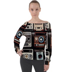Retro Cameras Old Vintage Antique Technology Wallpaper Retrospective Off Shoulder Long Sleeve Velour Top by Grandong