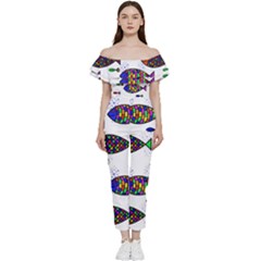 Fish Abstract Colorful Bardot Ruffle Jumpsuit by Maspions