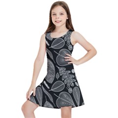 Leaves Flora Black White Nature Kids  Lightweight Sleeveless Dress by Maspions