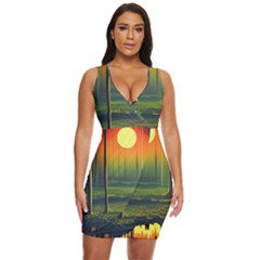 Outdoors Night Moon Full Moon Trees Setting Scene Forest Woods Light Moonlight Nature Wilderness Lan Draped Bodycon Dress by Posterlux