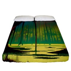 Nature Swamp Water Sunset Spooky Night Reflections Bayou Lake Fitted Sheet (queen Size) by Posterlux