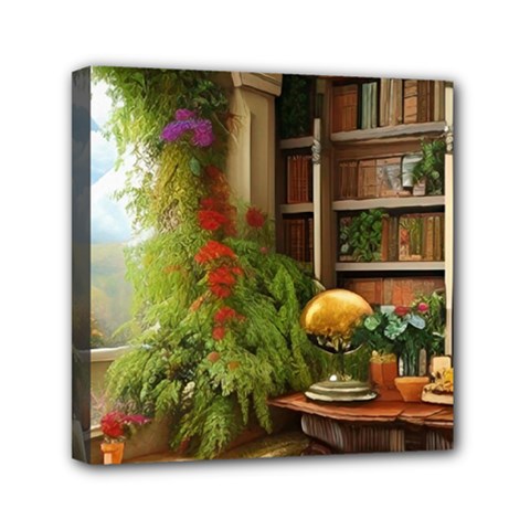 Room Interior Library Books Bookshelves Reading Literature Study Fiction Old Manor Book Nook Reading Mini Canvas 6  X 6  (stretched) by Posterlux
