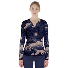 Starry Sky Moon Space Cosmic Galaxy Nature Art Clouds Art Nouveau Abstract V-neck Long Sleeve Top by Posterlux