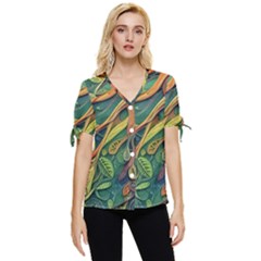 Outdoors Night Setting Scene Forest Woods Light Moonlight Nature Wilderness Leaves Branches Abstract Bow Sleeve Button Up Top by Posterlux