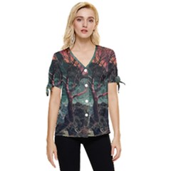Night Sky Nature Tree Night Landscape Forest Galaxy Fantasy Dark Sky Planet Bow Sleeve Button Up Top by Posterlux