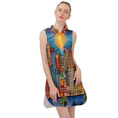 City New York Nyc Skyscraper Skyline Downtown Night Business Urban Travel Landmark Building Architec Sleeveless Shirt Dress by Posterlux