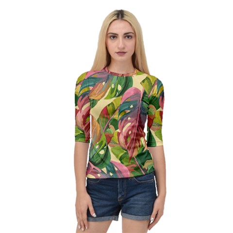Monstera Colorful Leaves Foliage Quarter Sleeve Raglan T-shirt by Maspions