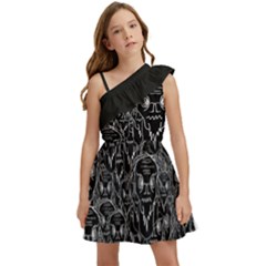 Old Man Monster Motif Black And White Creepy Pattern Kids  One Shoulder Party Dress by dflcprintsclothing