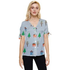 House Trees Pattern Background Bow Sleeve Button Up Top by Maspions
