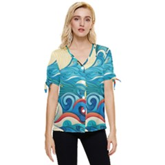 Waves Wave Ocean Sea Abstract Whimsical Bow Sleeve Button Up Top by Maspions