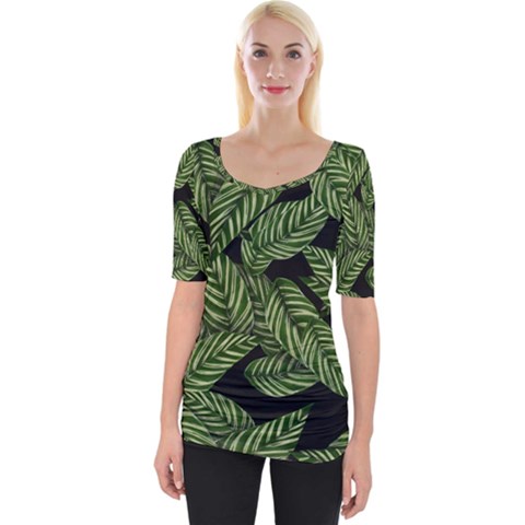 Background Pattern Leaves Texture Wide Neckline T-shirt by Maspions