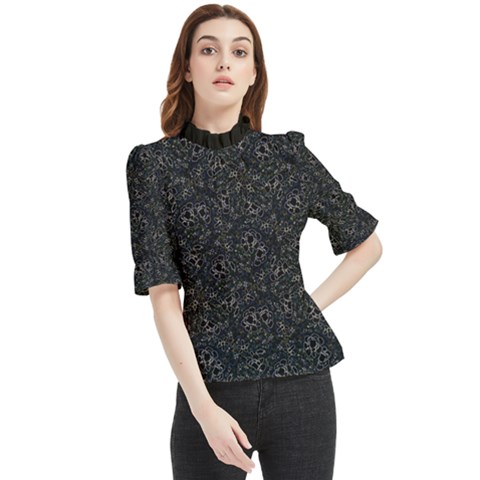 Midnight Blossom Elegance Black Backgrond Frill Neck Blouse by dflcprintsclothing