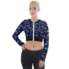 Stylized Floral Intricate Pattern Design Black Backgrond Long Sleeve Cropped Velvet Jacket by dflcprintsclothing