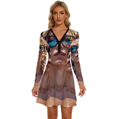Colorful Model Long Sleeve Deep V Mini Dress  by Sparkle