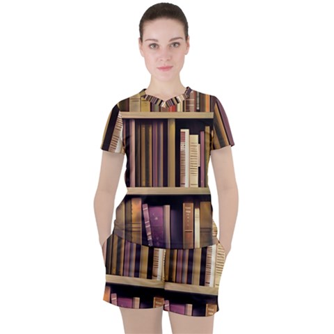 Books Bookshelves Office Fantasy Background Artwork Book Cover Apothecary Book Nook Literature Libra Women s T-shirt And Shorts Set by Posterlux