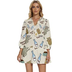 Happy Cats Pattern Background V-neck Placket Mini Dress by Grandong