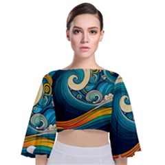 Waves Ocean Sea Abstract Whimsical Abstract Art 3 Tie Back Butterfly Sleeve Chiffon Top by Ndabl3x
