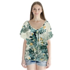 Vintage Retro Flowers Leaves Foliage Plants V-neck Flutter Sleeve Top by Ndabl3x