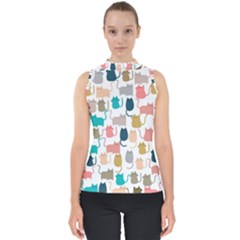 Cute Seamless Pattern Happy Kitty Kitten Cat Mock Neck Shell Top by Hannah976