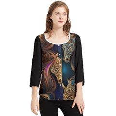 Schwarz Pferde Muster Chiffon Quarter Sleeve Blouse by 2607694c