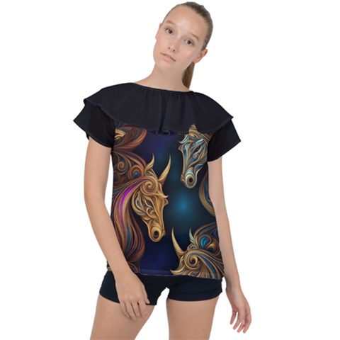 Schwarz Pferde Muster Ruffle Collar Chiffon Blouse by 2607694c