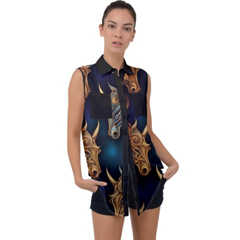 Schwarz Pferde Muster Sleeveless Chiffon Button Shirt by 2607694c