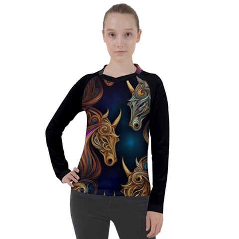 Schwarz Pferde Muster Women s Pique Long Sleeve T-shirt by 2607694c