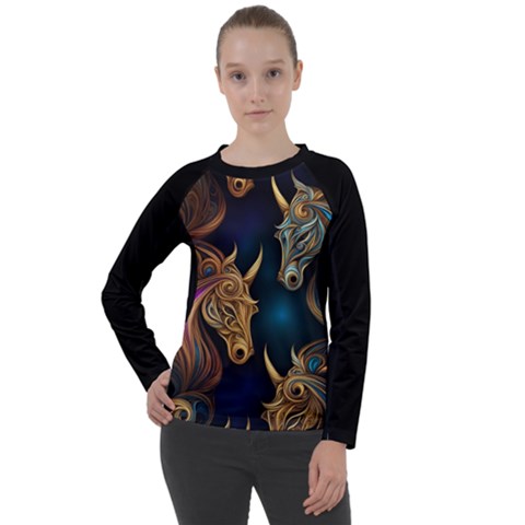 Schwarz Pferde Muster Women s Long Sleeve Raglan T-shirt by 2607694c