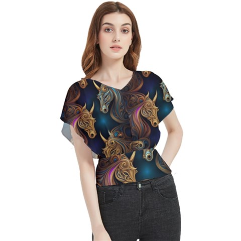 Schwarz Pferde Muster Butterfly Chiffon Blouse by 2607694c