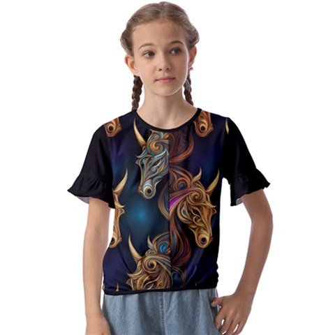 Schwarz Pferde Muster Kids  Cuff Sleeve Scrunch Bottom T-shirt by 2607694c
