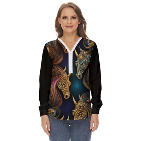 Schwarz Pferde Muster Zip Up Long Sleeve Blouse by 2607694c