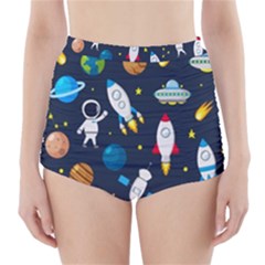 Big Set Cute Astronauts Space Planets Stars Aliens Rockets Ufo Constellations Satellite Moon Rover V High-waisted Bikini Bottoms by Bedest