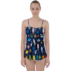 Big Set Cute Astronauts Space Planets Stars Aliens Rockets Ufo Constellations Satellite Moon Rover V Babydoll Tankini Top by Bedest