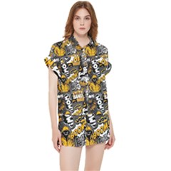 Boom Bang Art Crazy Drawing Graffiti Hello Retro Sayings Yellow Chiffon Lounge Set by Bedest