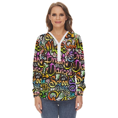 Graffiti Word Seamless Pattern Zip Up Long Sleeve Blouse by Bedest