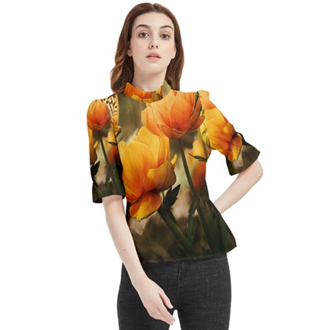 Yellow Butterfly Flower Frill Neck Blouse by Azkajaya