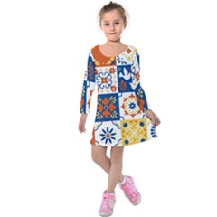 Mexican Talavera Pattern Ceramic Tiles With Flower Leaves Bird Ornaments Traditional Majolica Style Kids  Long Sleeve Velvet Dress by Ket1n9