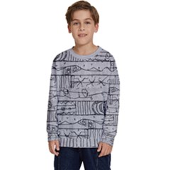 Black And White Hand Drawn Doodles Abstract Pattern Bk Kids  Crewneck Sweatshirt by dflcprintsclothing